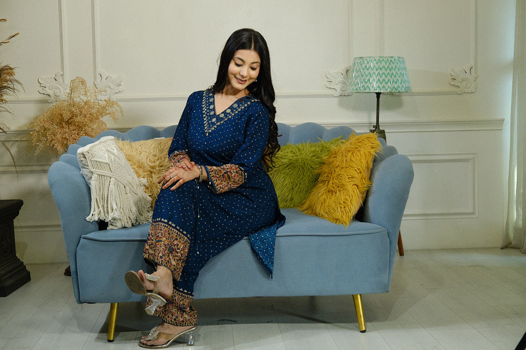 Dark Blue Mirror Work Co-ord Set