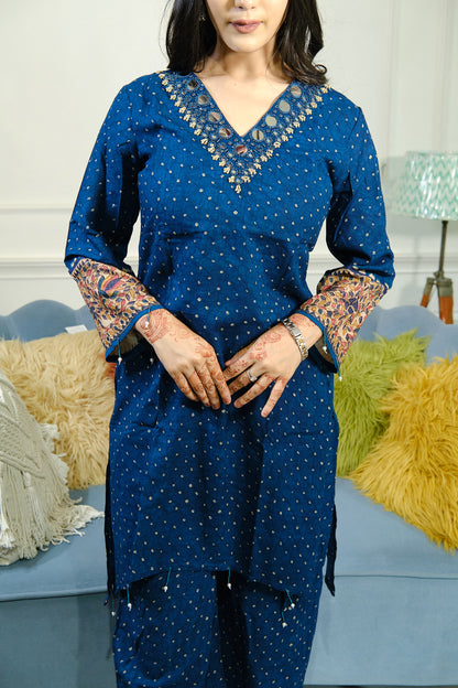 Dark Blue Mirror Work Co-ord Set