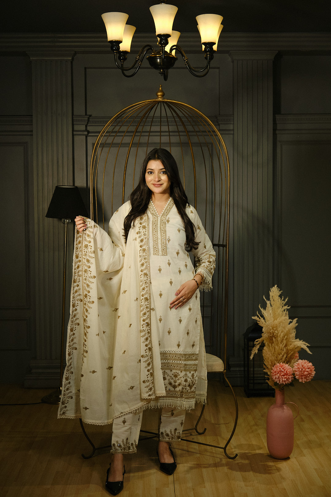 Cambric Cotton Heavy Work Kurta Set