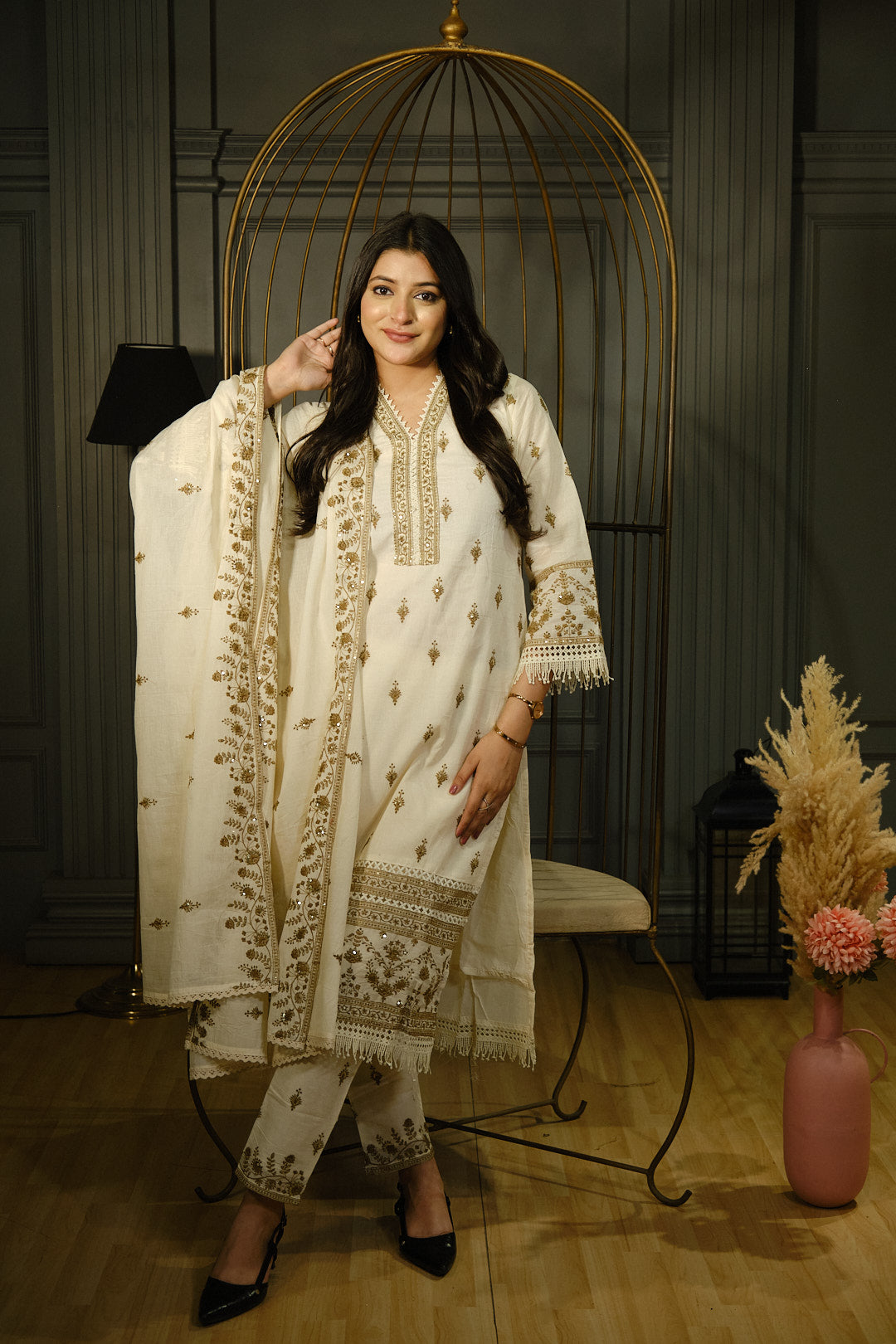 Cambric Cotton Heavy Work Kurta Set